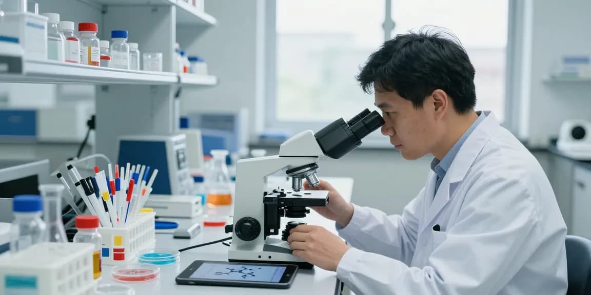 Examining high-purity research peptides in a lab setting with vials and microscope.