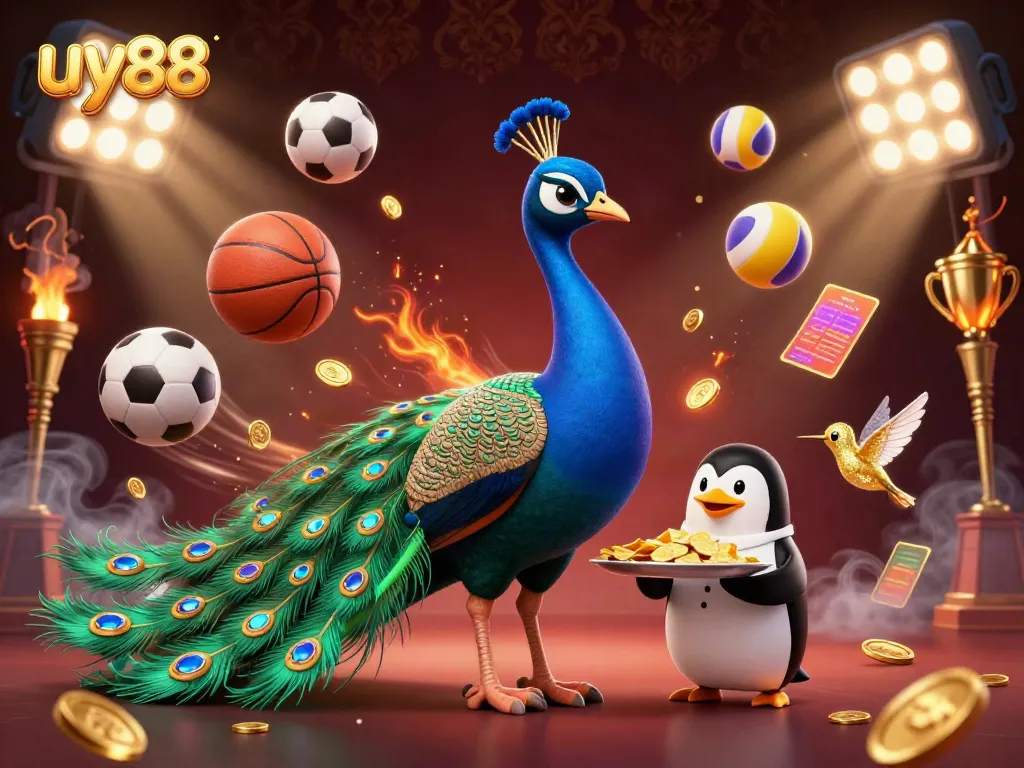Engage with the vibrant action at uy88 as peacock, butler, and hummingbird celebrate winning moments amidst dynamic casino games.
