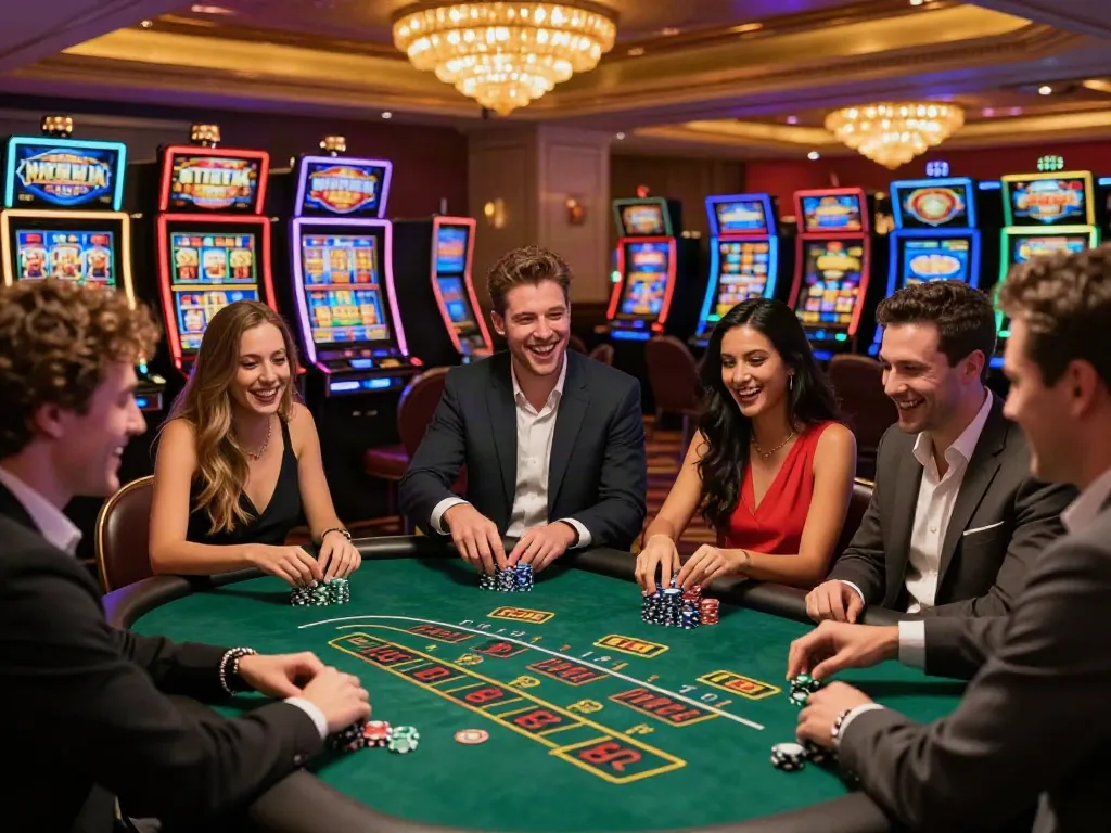 Friends enjoying gaming at a casino not on Gamstop UK, surrounded by vibrant decor and excitement.