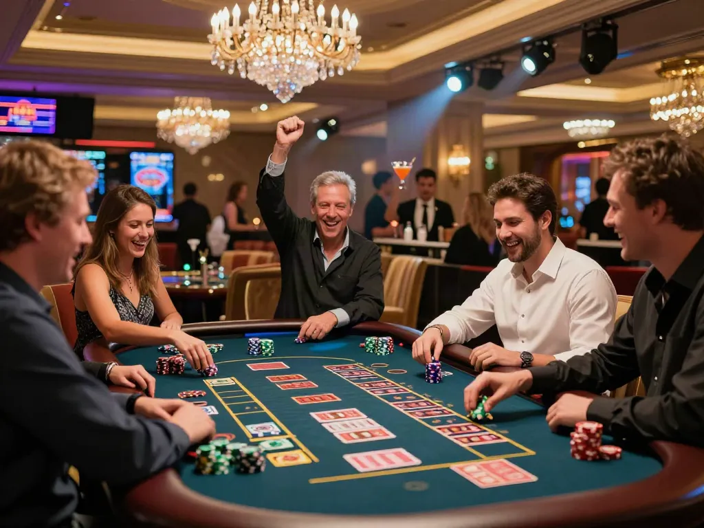 Casino not on GamStop UK scene with players celebrating wins at roulette table.