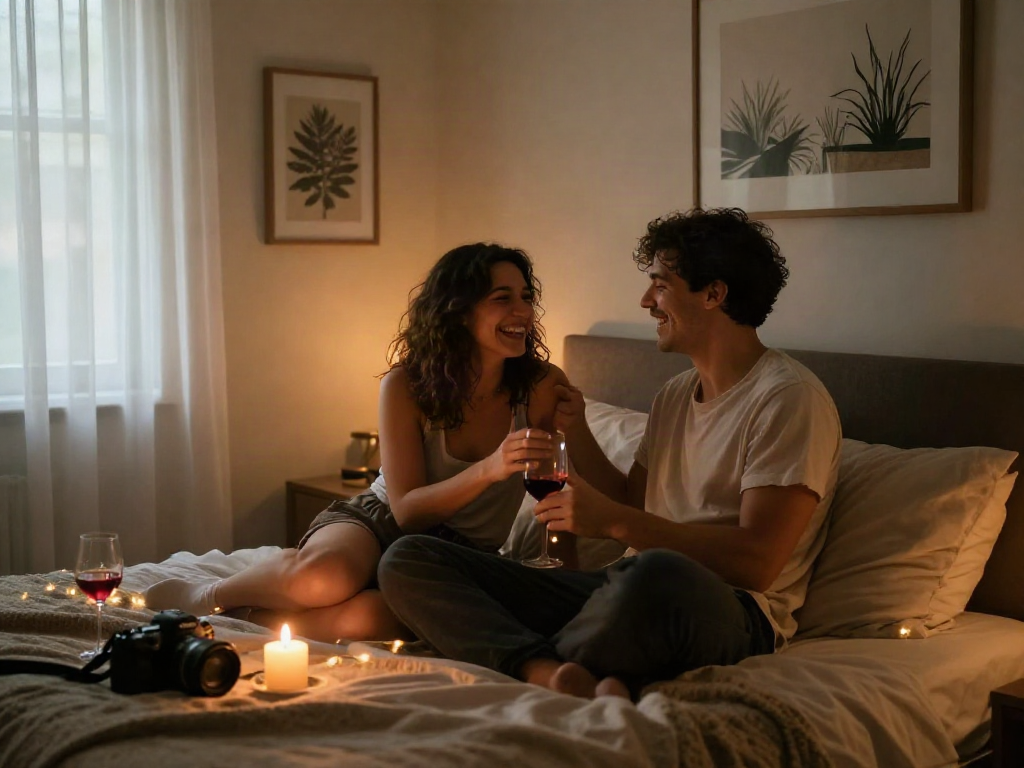 Intimate scene between a couple exploring sex ai concepts in a romantic bedroom.
