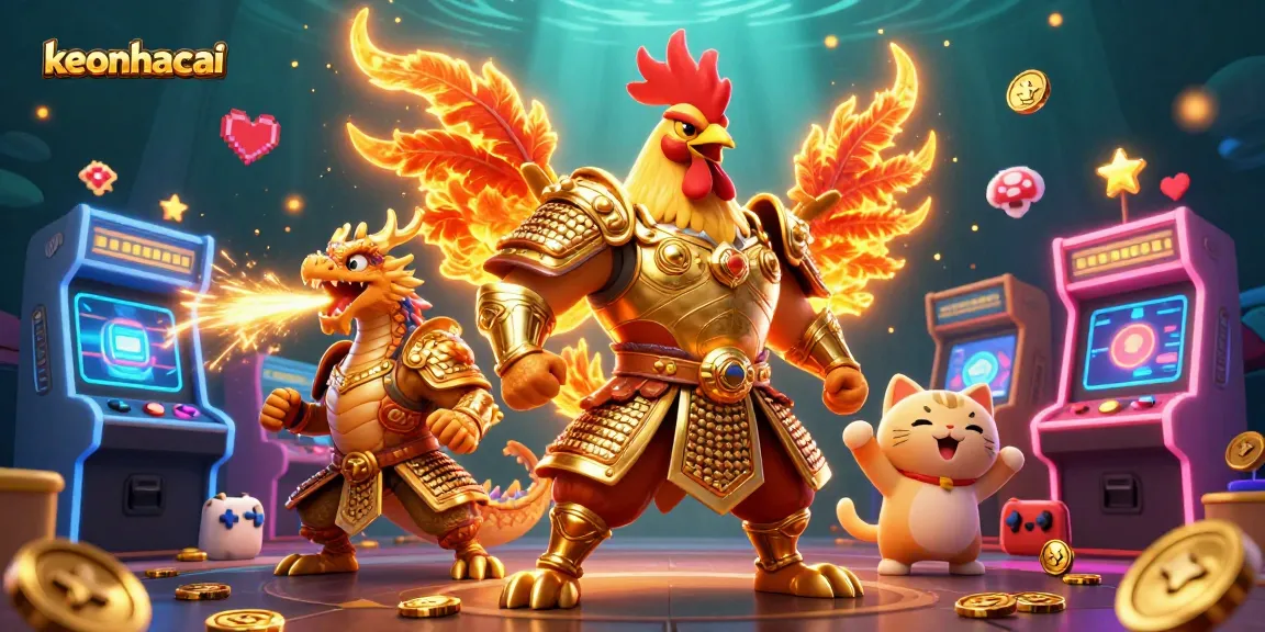 Engage in exciting keonhacai gaming with a cartoon warrior rooster and dragon in a vibrant casino scene.