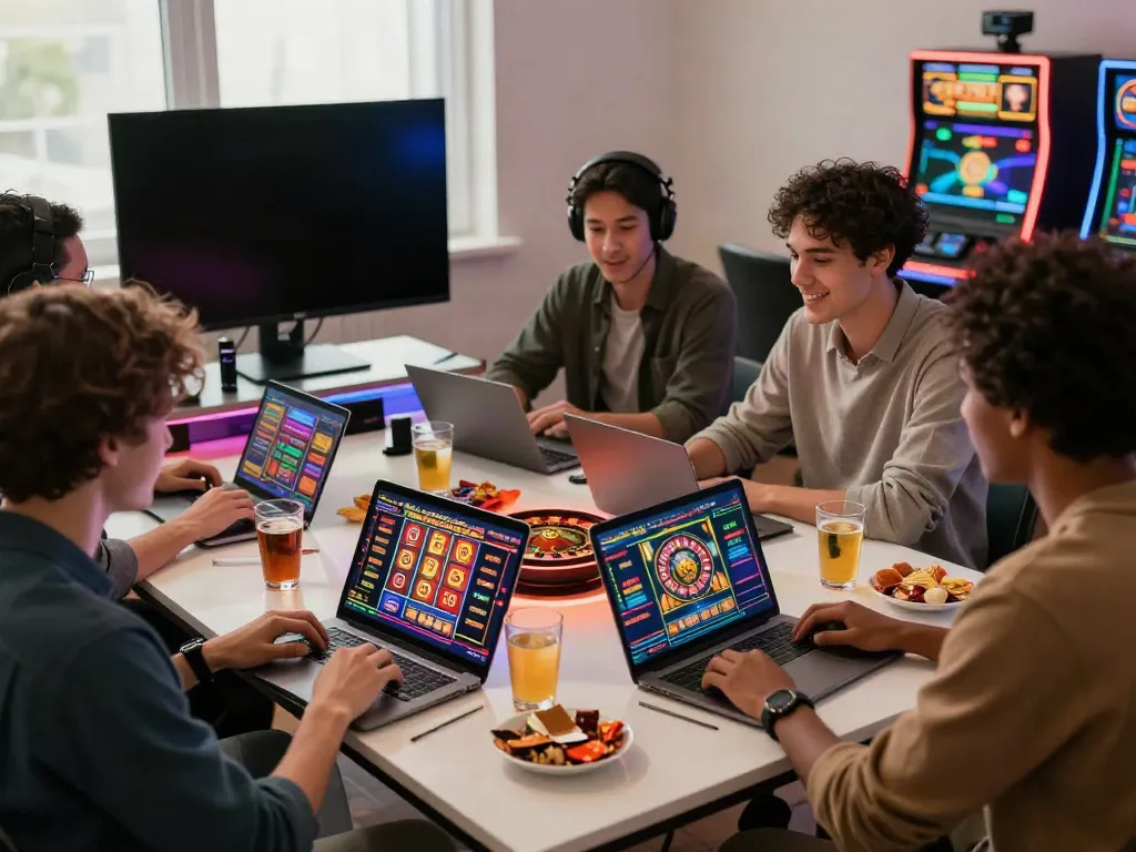 Friends enjoying a virtual casino experience not on GamStop UK with laptops and vibrant gaming interface.