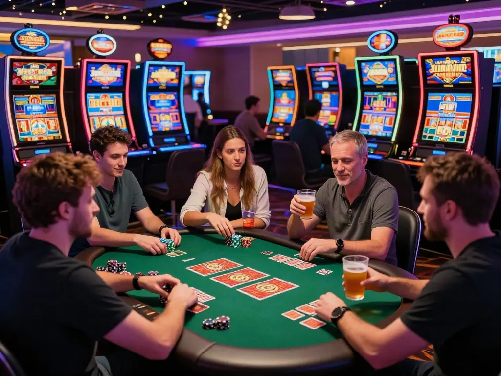 Exciting scene from a casino not on GamStop UK, showcasing players enjoying gaming and celebrating wins.