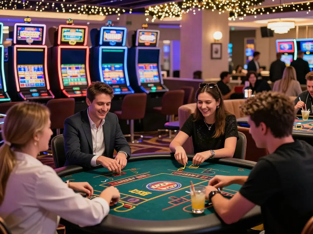 Players enjoying casino games not on GamStop UK in a vibrant, festive environment.