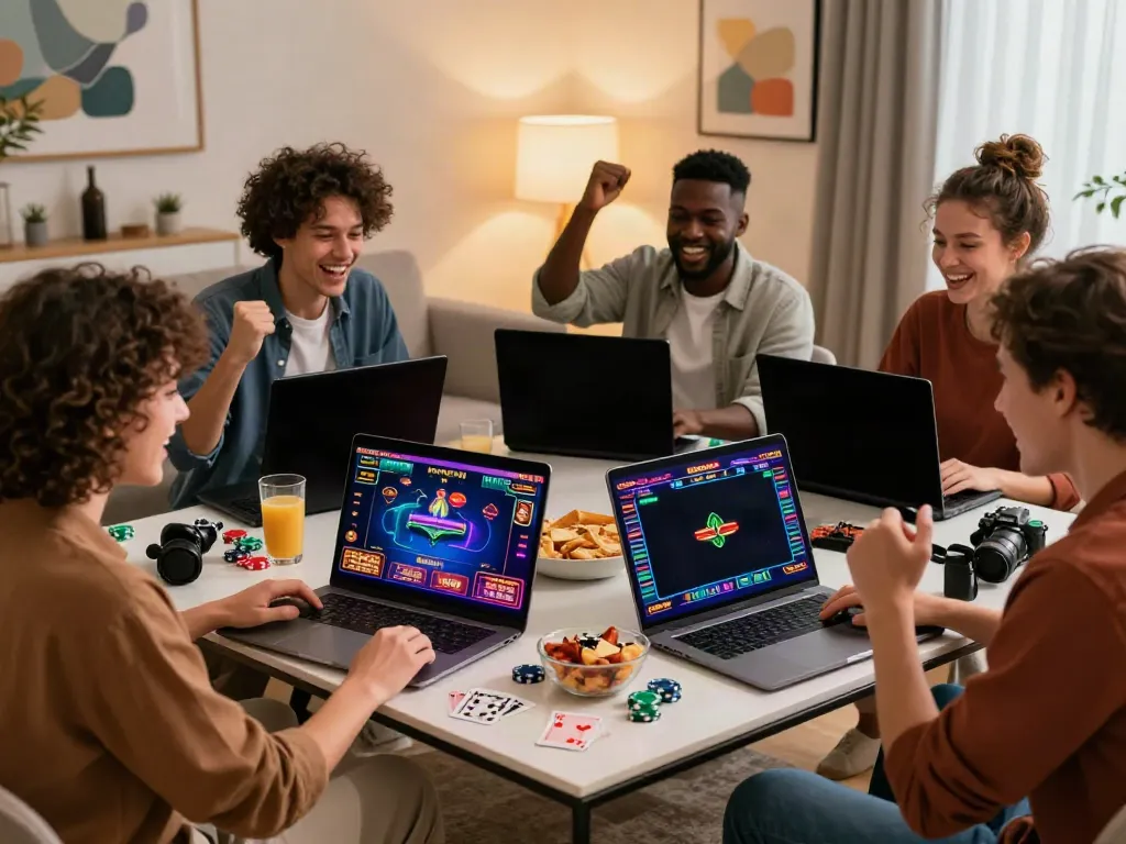 Friends enjoying online gaming at a casino not on GamStop UK, featuring lively atmosphere and excitement.