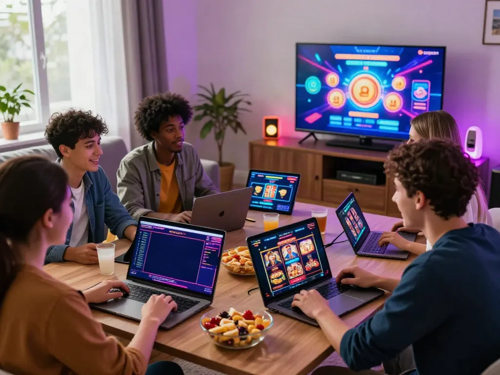 Friends enjoying gaming on a casino site not on Gamstop UK in a lively living room.