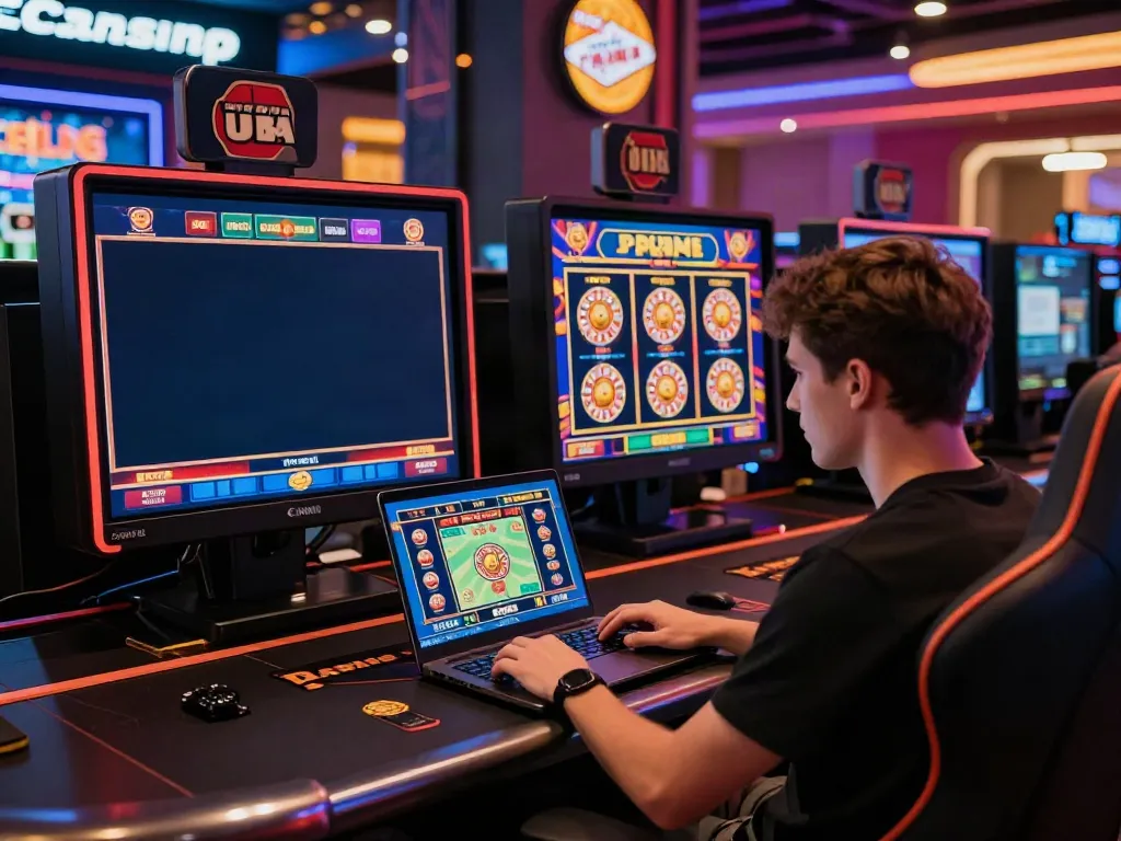 Engaging scene of a user playing at a casino not on gamstop uk, surrounded by vibrant game displays and modern decor.