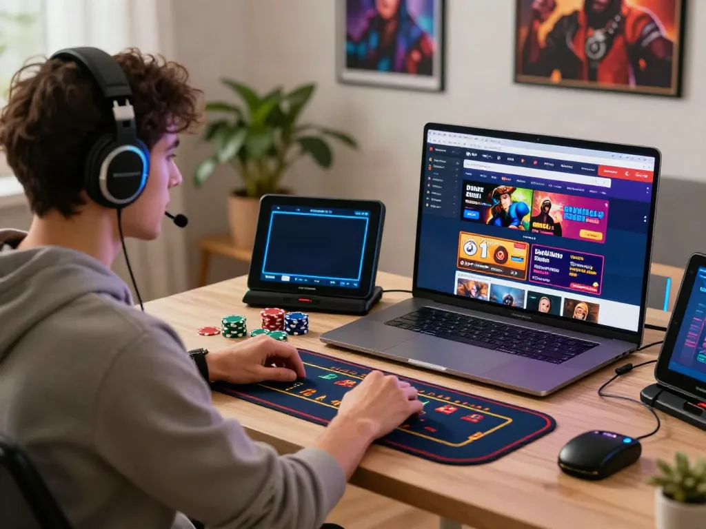 Player enjoying casino not on gamstop uk in a cozy home office with gaming setup.