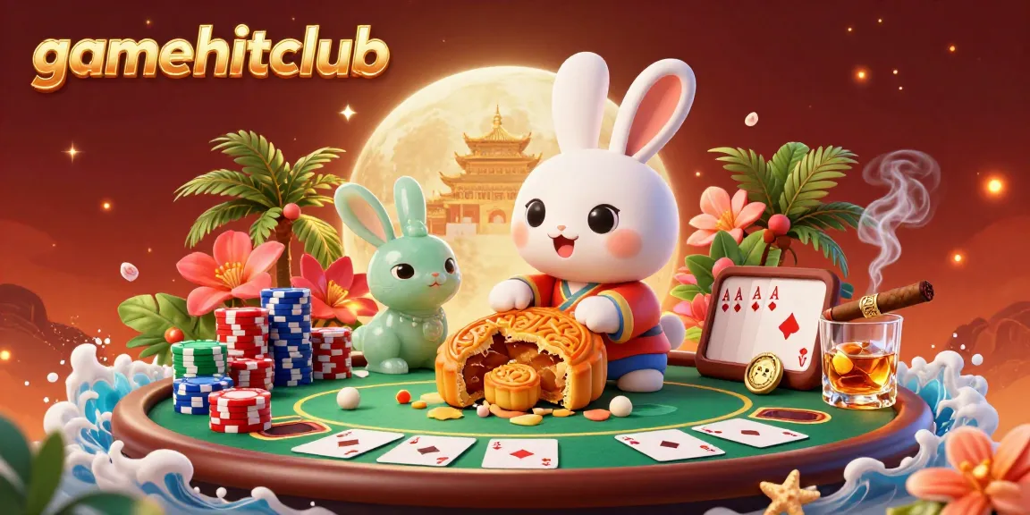 Experience the excitement at gamehitclub with a vivid scene of a moon rabbit revealing poker chips amidst vibrant gaming elements.