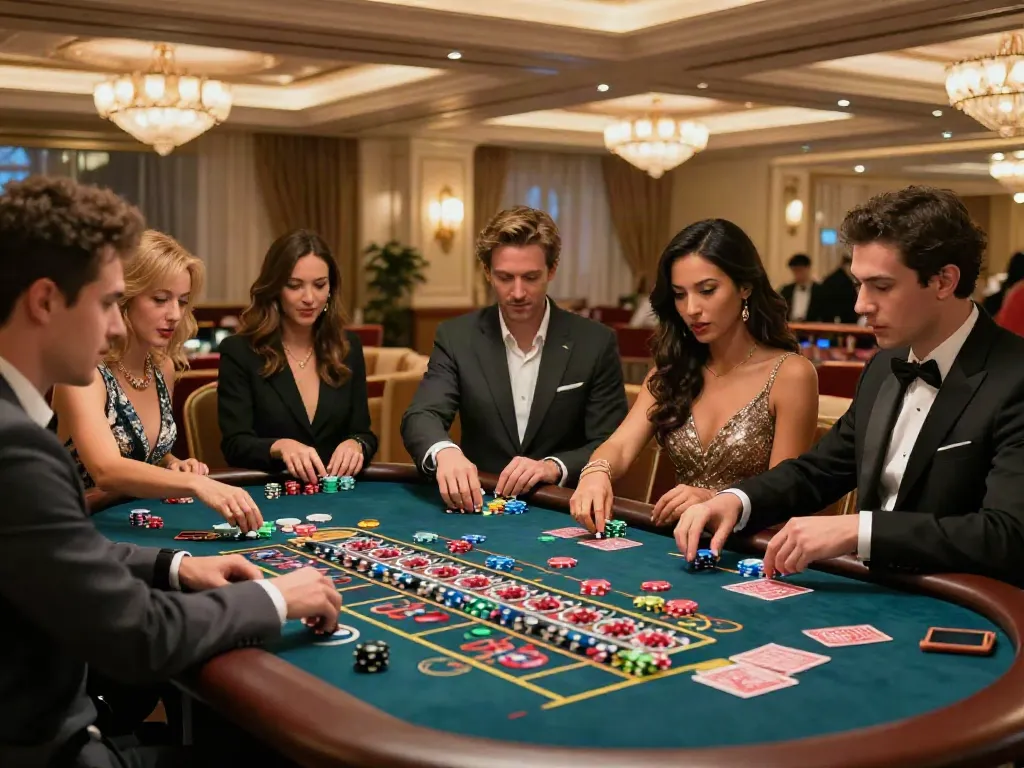 A vibrant casino not on gamstop uk scene with diverse players enjoying roulette, featuring colorful chips and an elegant atmosphere.
