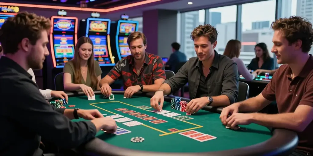 Player enjoying a thrilling card game in a casino not on Gamstop UK, with vibrant slot machines in the background.