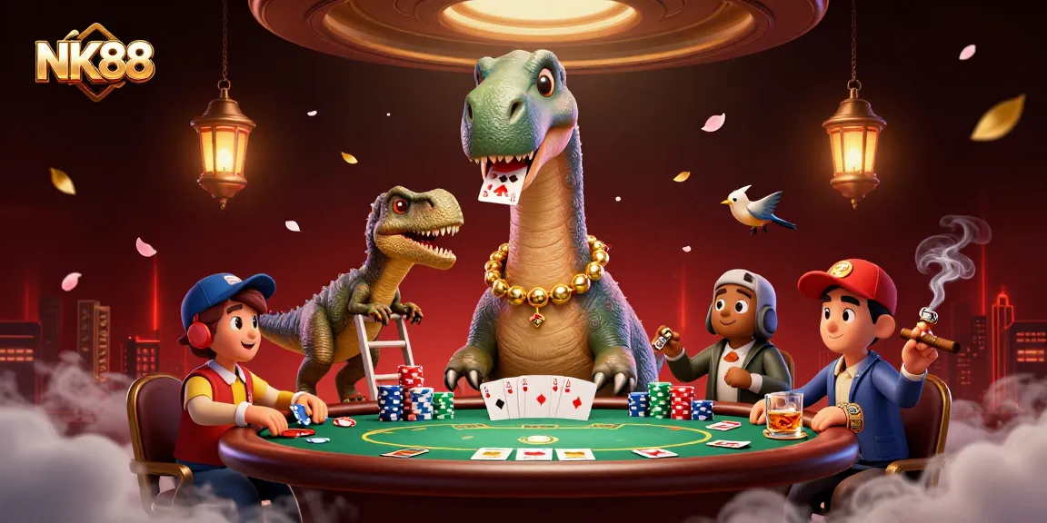 Experience exciting gameplay at NK88 with towering dinosaur and charismatic dealer in a vibrant casino setting.
