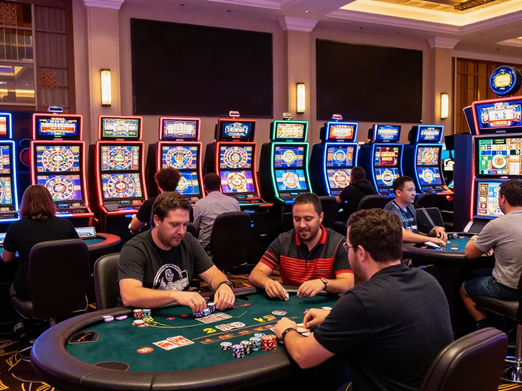Casino not on gamstop uk scene with players enjoying various games in a vibrant gaming area.