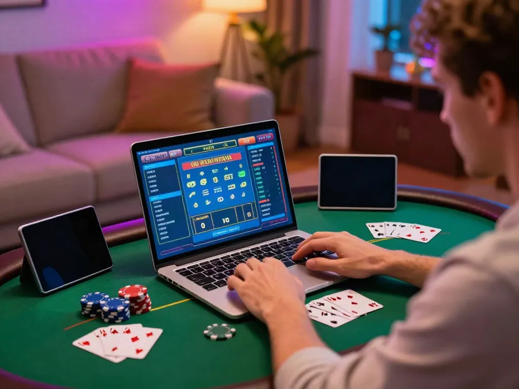 Player enjoying games at a casino not on GamStop UK in a cozy home setting.