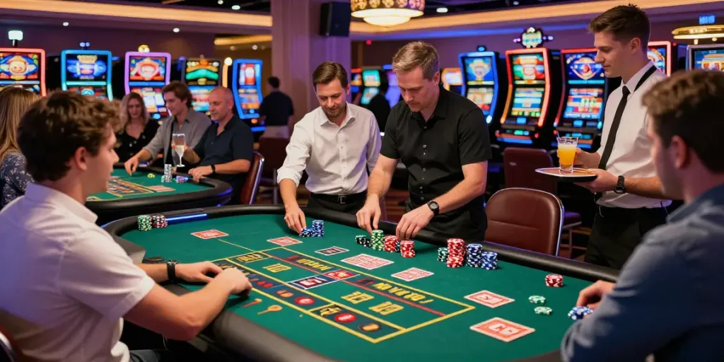 Experience the excitement at a casino not on GamStop UK with players enjoying roulette and vibrant decor.