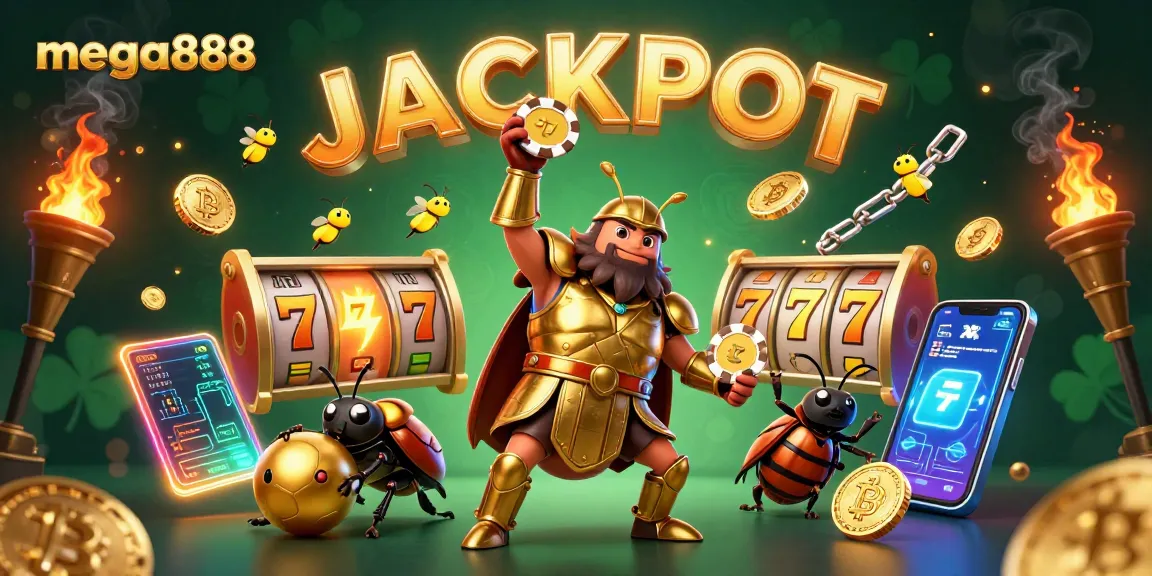 Experience mega888 jackpot winnings with vibrant 3D characters celebrating and slot machines around them.