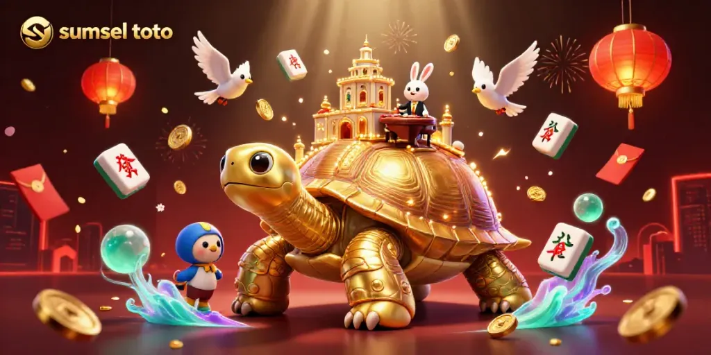 Experience thrilling gameplay with sumsel toto at the heart of a vibrant casino adventure featuring a golden tortoise and bunny dealer.