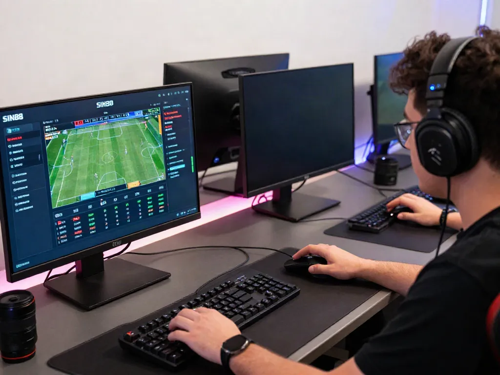 Engaged player using SIN88 for online sports betting, vibrant gaming setup.