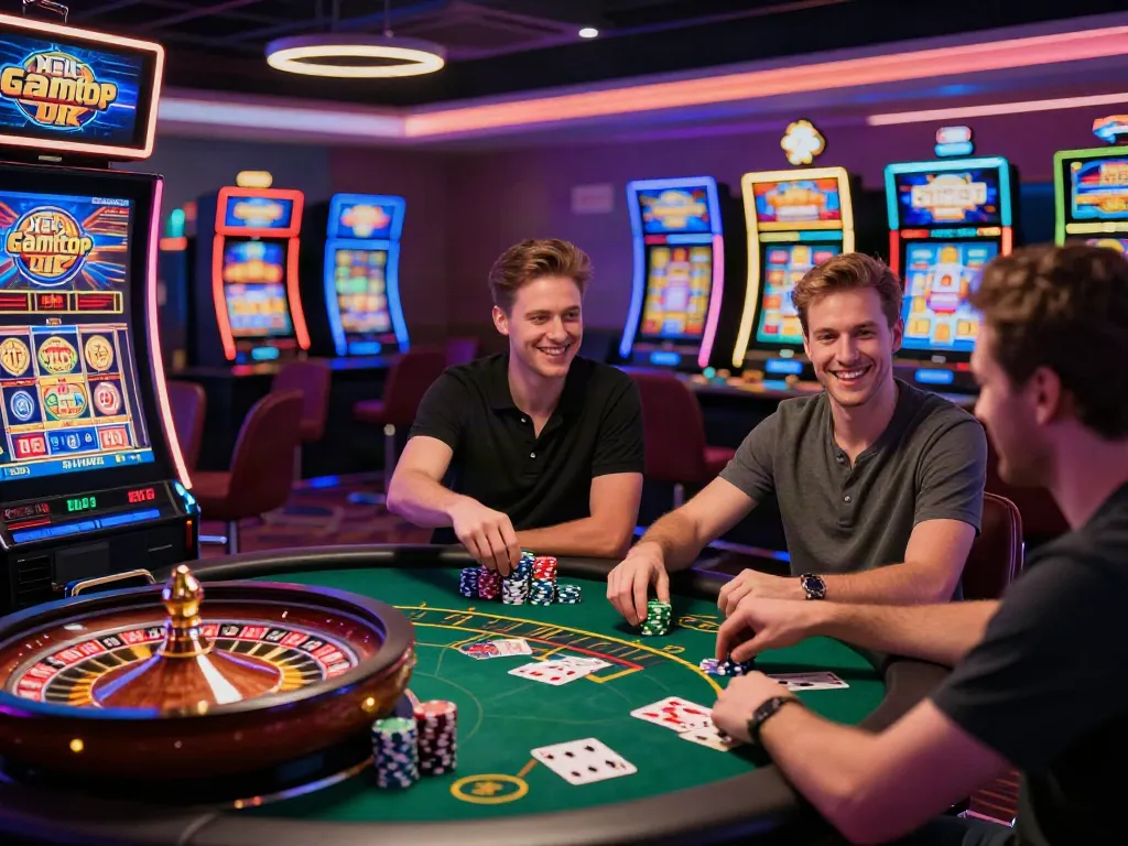 Casino not on Gamstop UK scene with vibrant colors, players enjoying games.