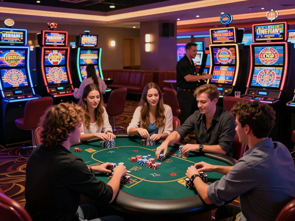 Casino not on gamstop uk players enjoying a lively gaming room atmosphere with bright slot machines and friends celebrating wins.