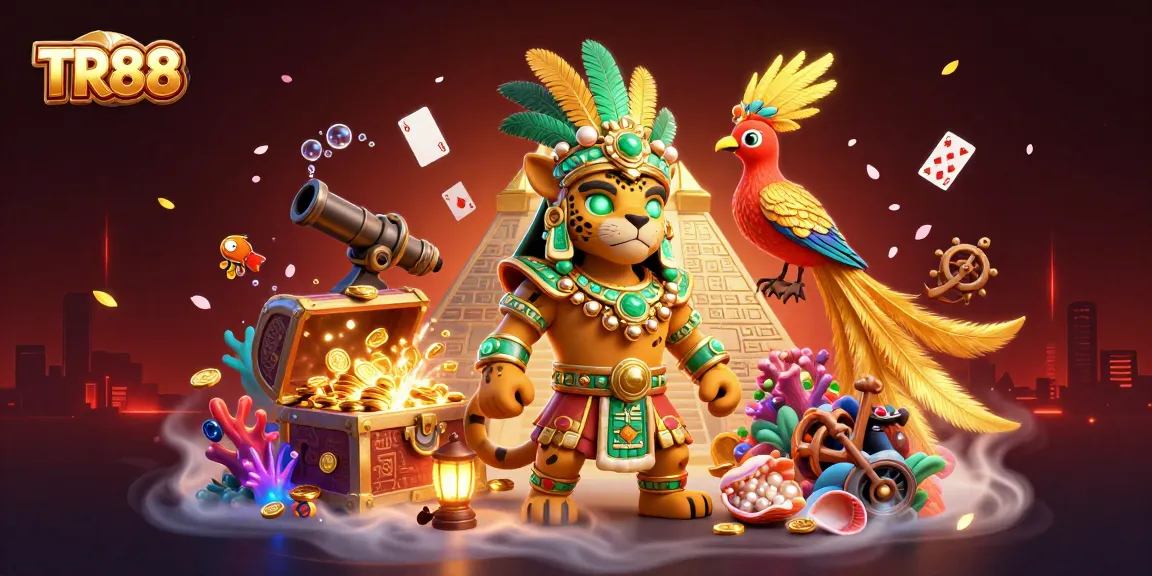 Experience the thrill of TR88 with vivid casino-themed 3D art featuring Mayan jaguar priest and splendid game elements.