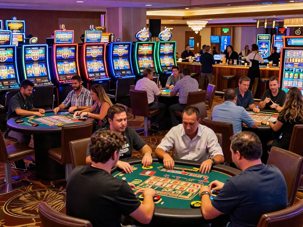 Exciting casino scene featuring bingo and card tables, highlighting the thrill of playing in casinos not on Gamstop UK.