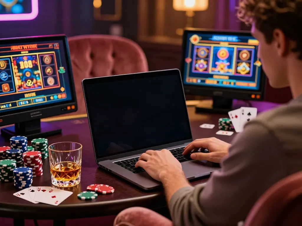 Player enjoying an exciting session at a casino not on gamstop uk with poker chips and vibrant decor.