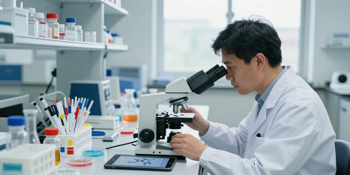 Examining high-purity research peptides in a lab setting with vials and microscope.