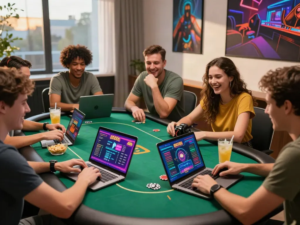 Group enjoying a lively online casino experience not on Gamstop UK.