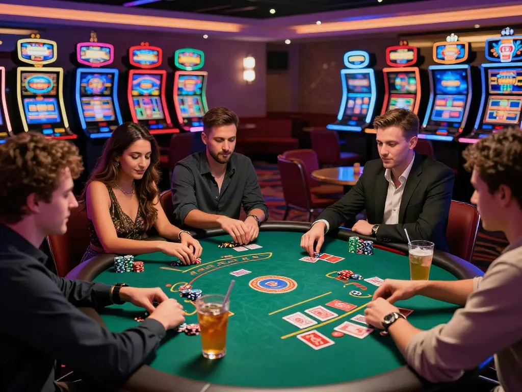 Friends enjoying gaming at a vibrant casino not on Gamstop UK.