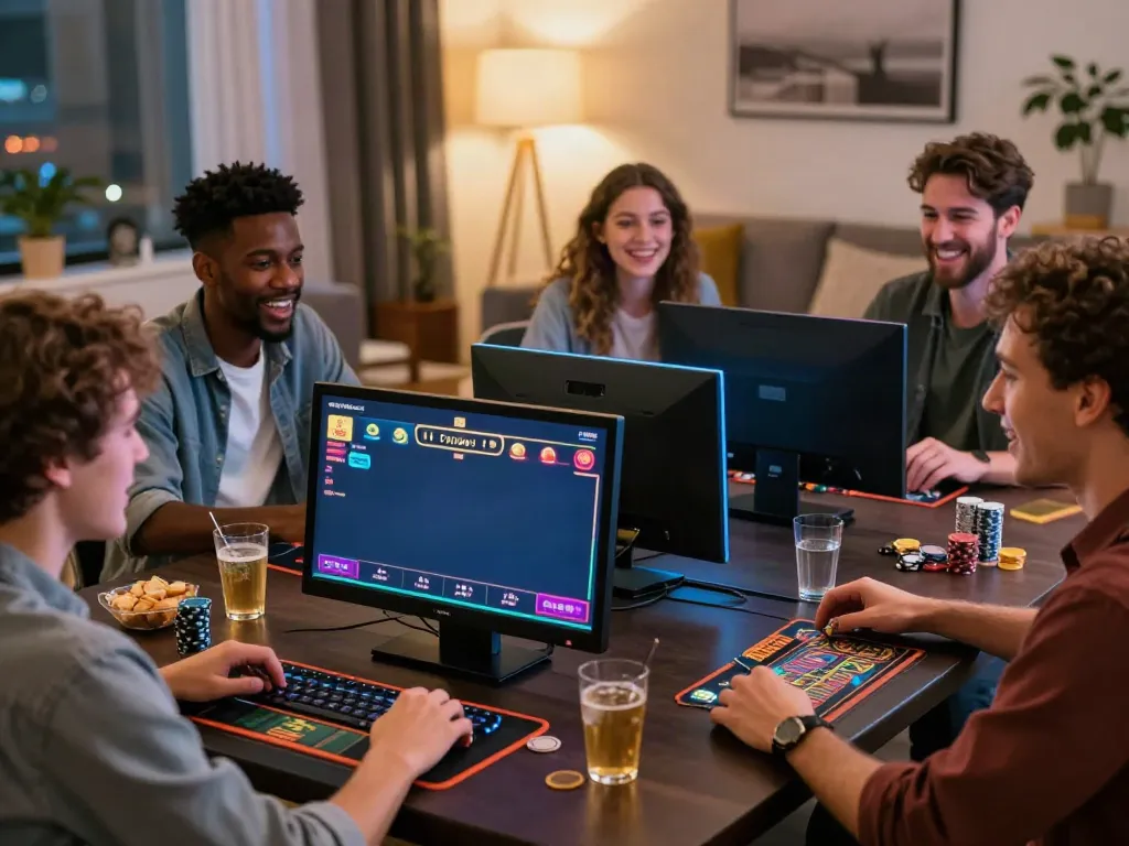 Friends enjoying a gaming session at a casino not on GamStop UK, with lively atmosphere and modern decor.