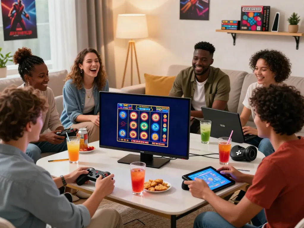 Friends enjoying a casino night at home playing games not on Gamstop UK.