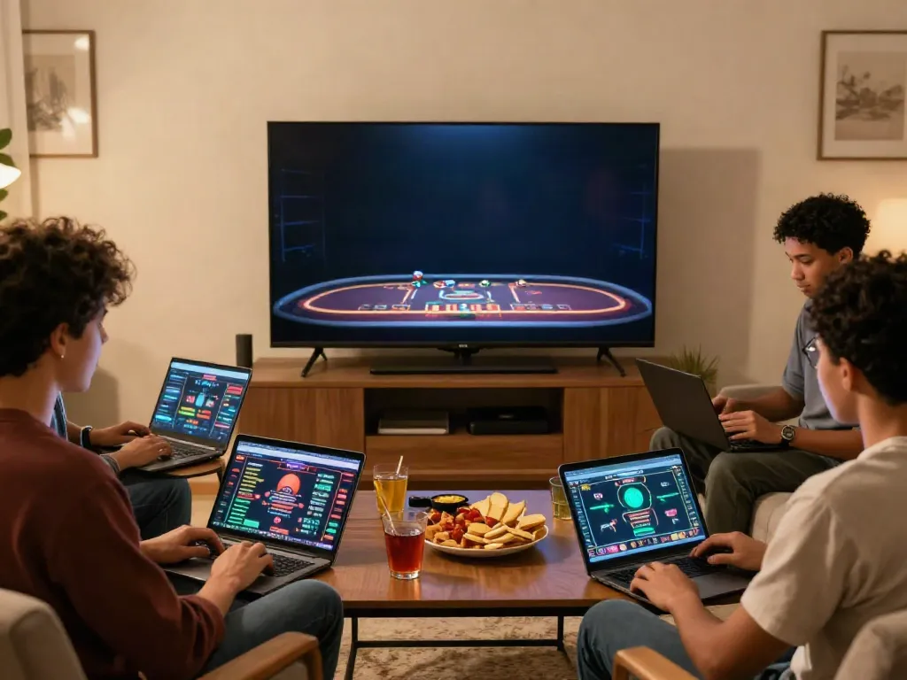 Friends enjoying a live casino not on GamStop UK in a cozy home setting.