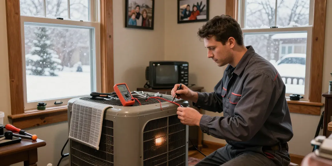 HVAC Stevens Point WI technician performing furnace maintenance in a cozy home.