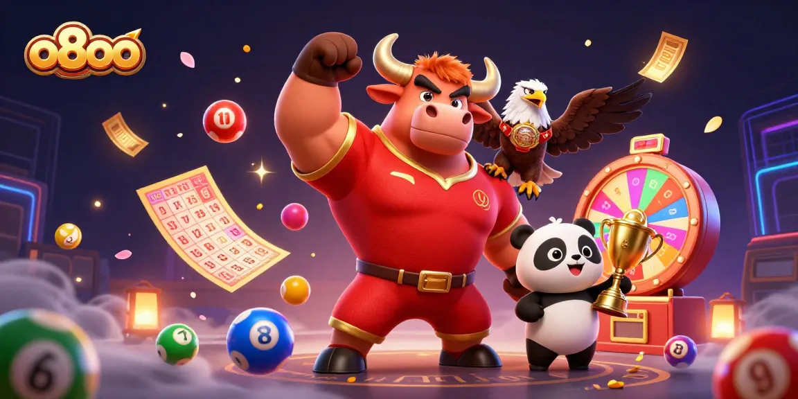 Celebrate your wins at o8oo with a victorious bull, eagle, and panda amidst a vibrant gambling scene.