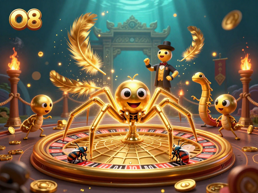 Engage in thrilling betting adventures with O8's casino-themed 3D illustration featuring unique characters and vibrant elements.