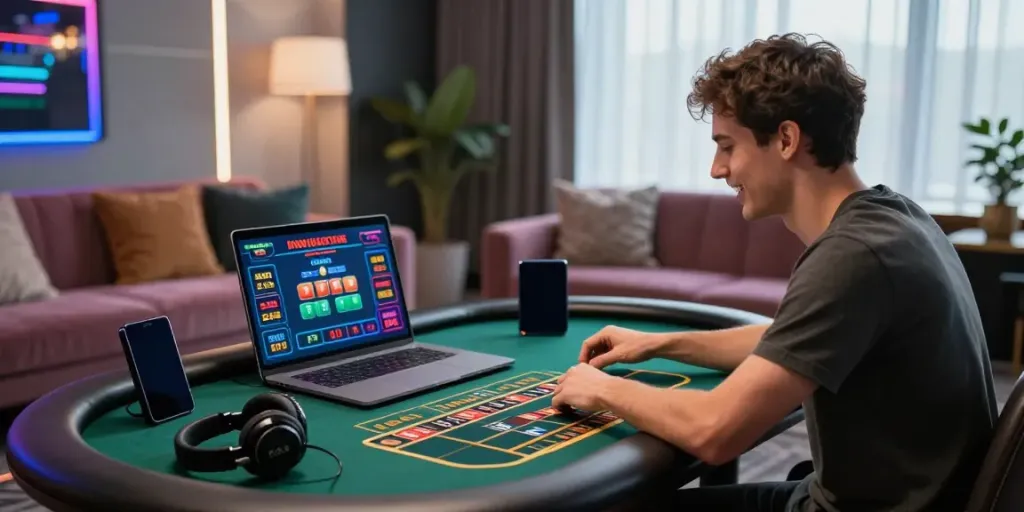 Player enjoying the thrill of casino not on gamstop uk playing roulette online in a vibrant setting.