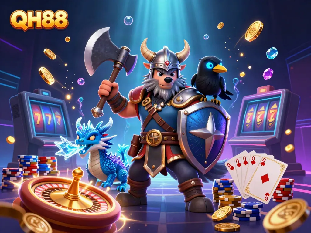 Experience thrilling action with QH88 featuring a Viking warrior, dragon, and treasure in a vibrant casino scene.