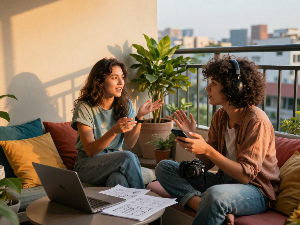 Two friends enjoying a spicy chat on a cozy balcony at sunset.