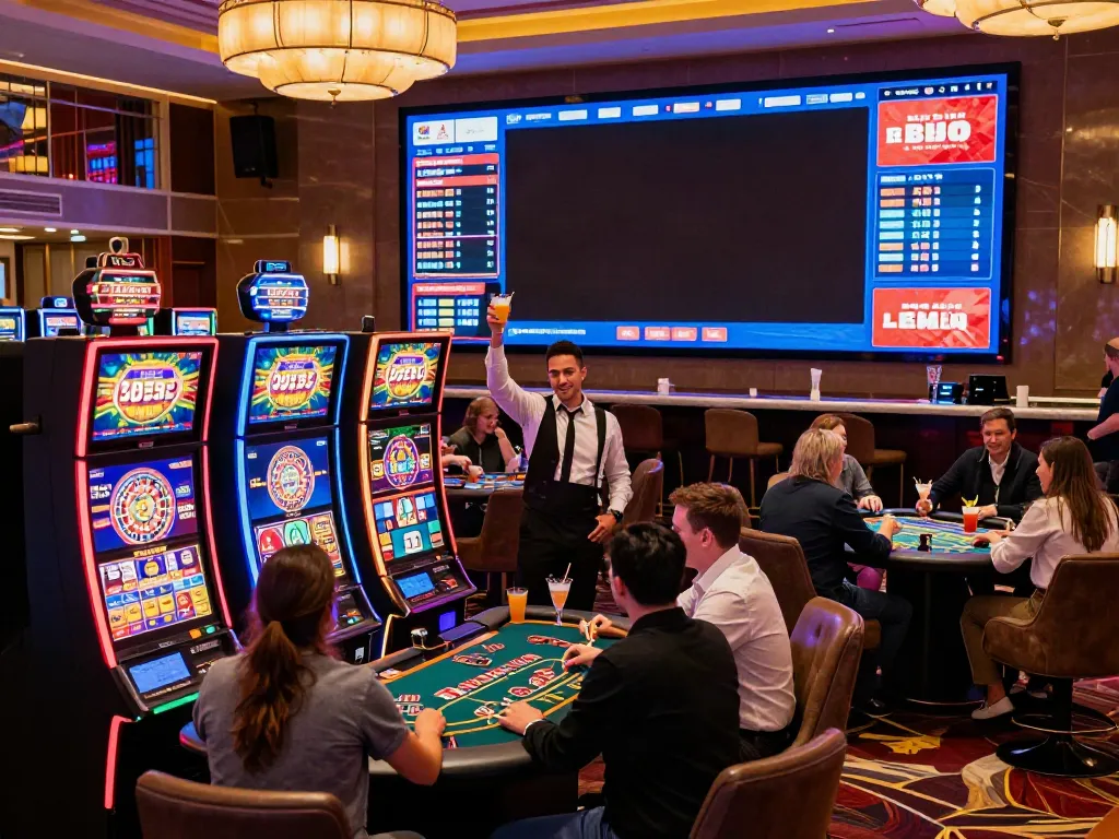 Exciting scene at a non GamStop casino showing players enjoying games and cocktails.
