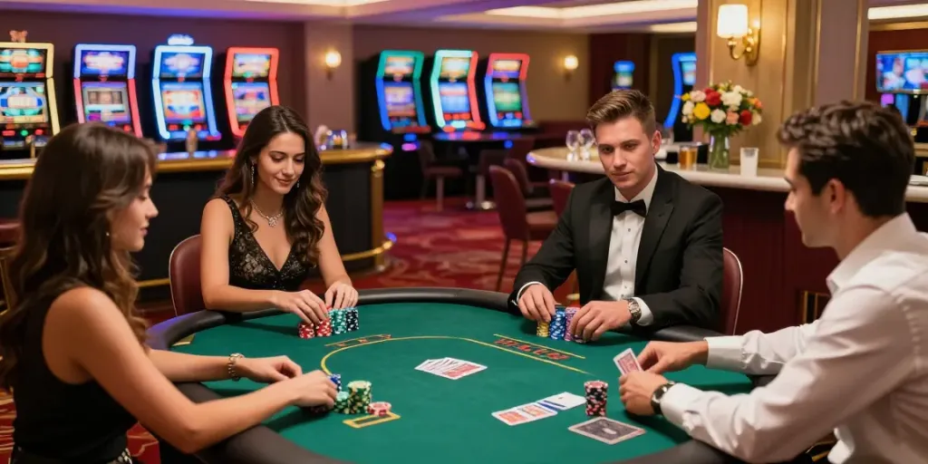 Casino not on gamstop UK: Friends enjoying a lively poker game in a glitzy lounge.
