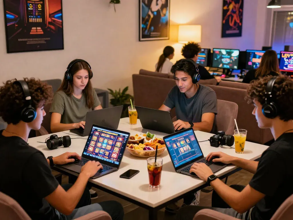 Friends enjoying an engaging online game in a vibrant gaming lounge, highlighting casino not on gamstop uk.