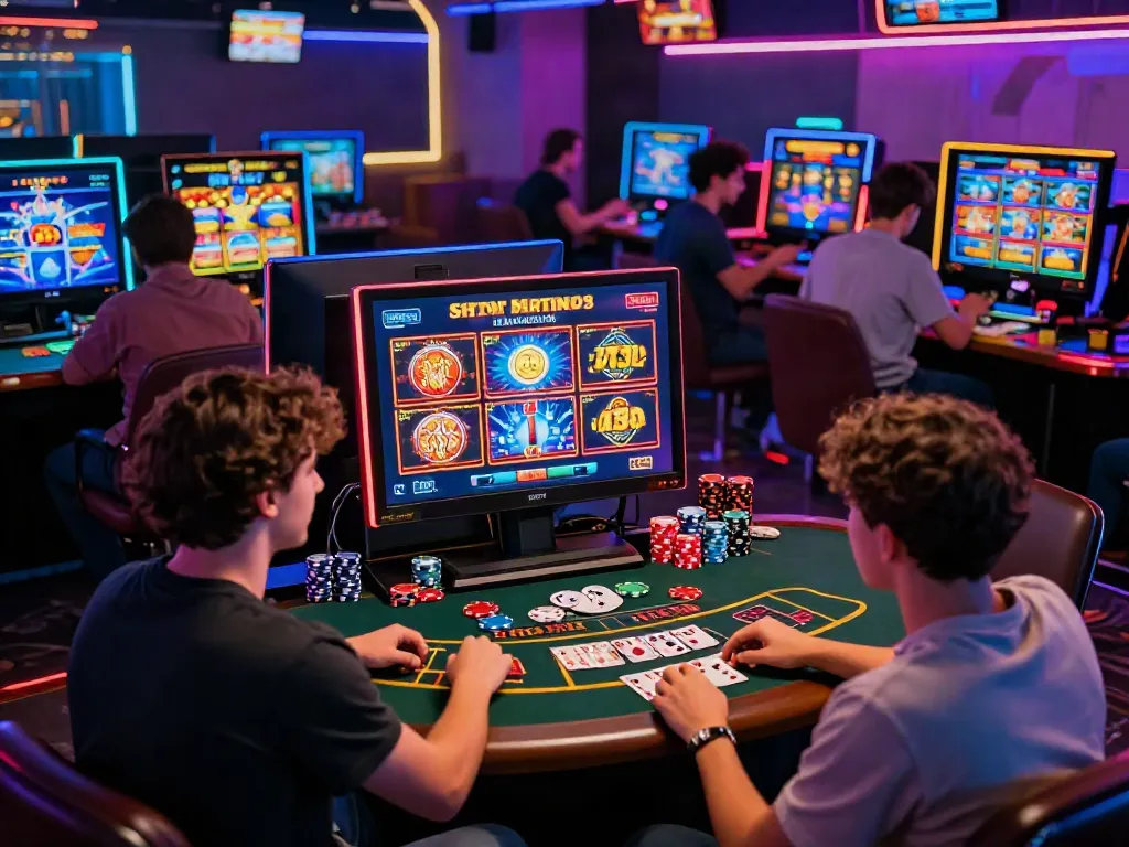 Exciting online casino environment with players enjoying games not on GamStop UK, celebrating wins amid vibrant lights.
