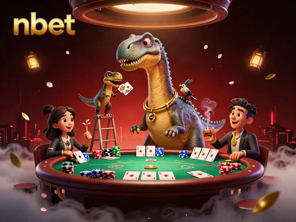 Engage in the nbet experience of a lively casino scene with a dinosaur dealer and vibrant poker action.