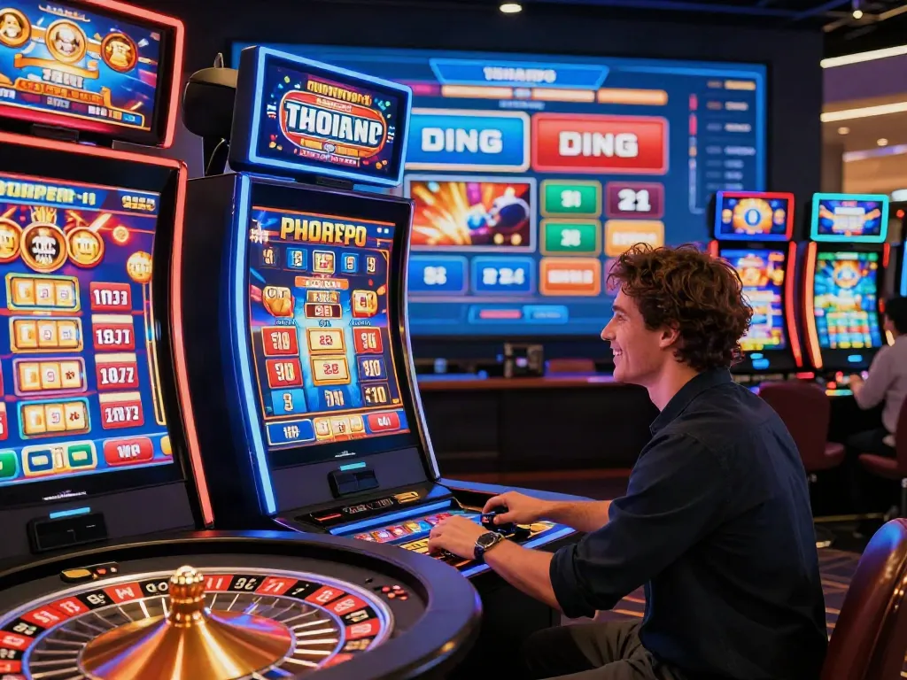 A lively casino not on gamstop uk scene featuring a player at a bright slot machine and a digital roulette table.