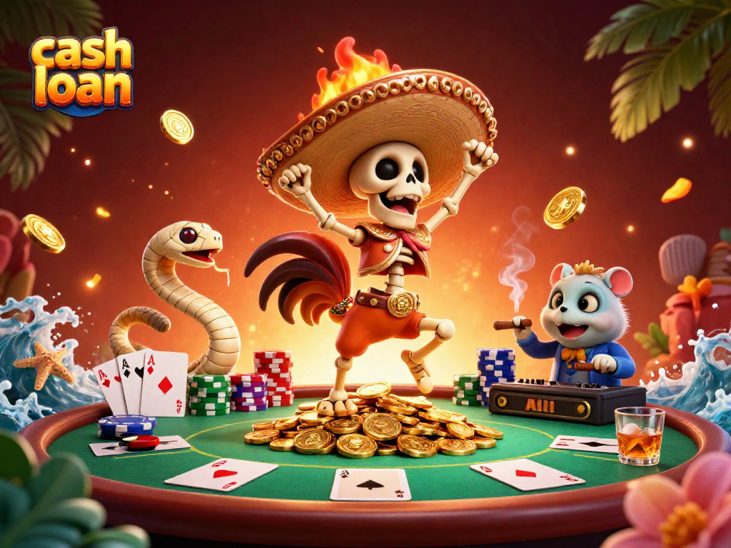 Engage with cash loan opportunities while enjoying a lively casino scene featuring festive characters.
