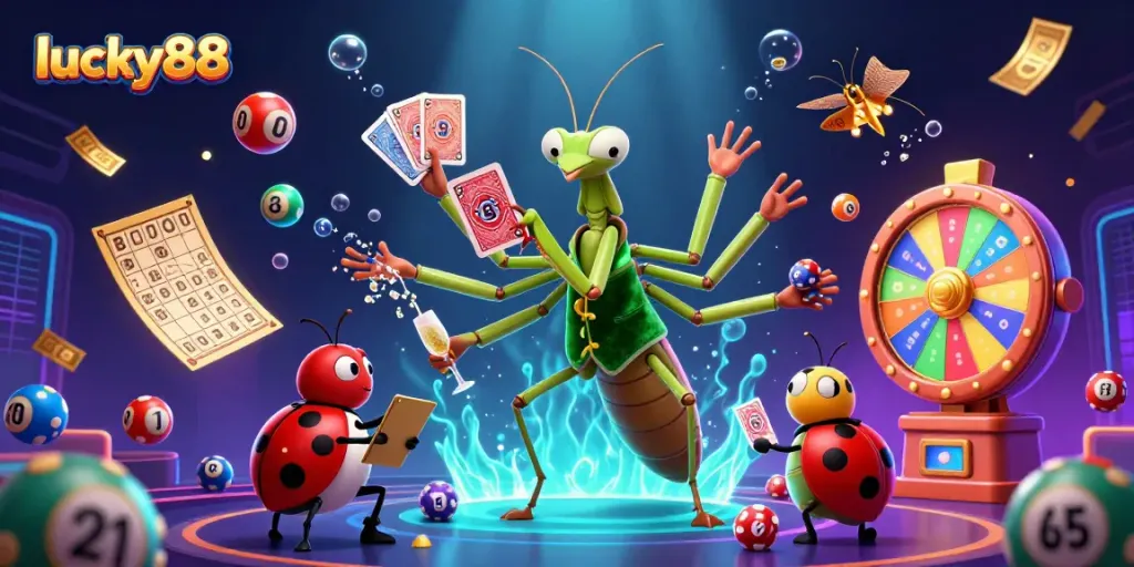 Action-packed scene showcasing lucky88 with vibrant characters and exciting gambling elements radiating fun.