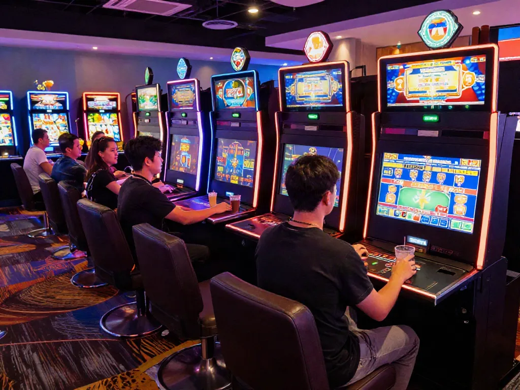 Casino not on gamstop uk players enjoying a vibrant gaming lounge atmosphere with colorful LED lights.