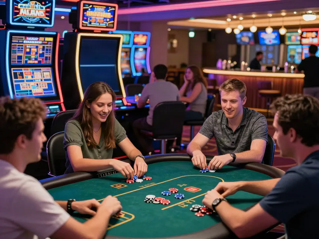 Players enjoying a lively casino atmosphere at a casino not on gamstop uk, highlighting excitement and modern gaming.